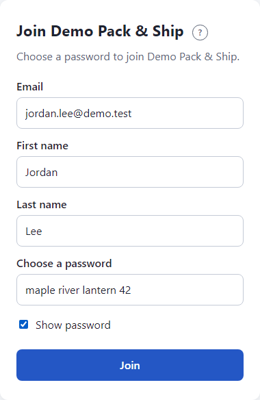 The invite page with first name, last name and password filled in.