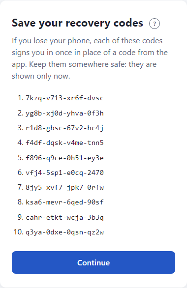 The Save your recovery codes page with ten codes in a numbered list.