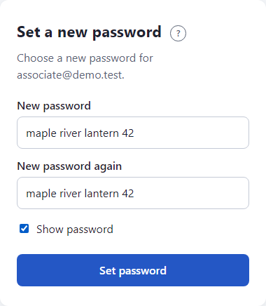 The reset page with two password boxes, New password and New password again.