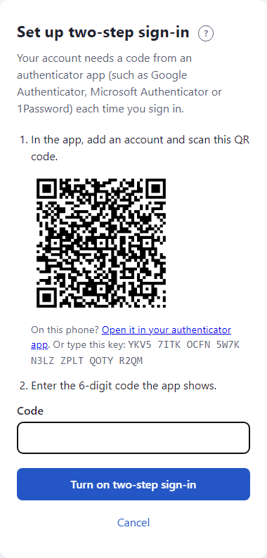The Set up two-step sign-in page with a QR code, the setup key and a Code box.
