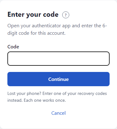 The Enter your code page with a Code box and a Continue button.