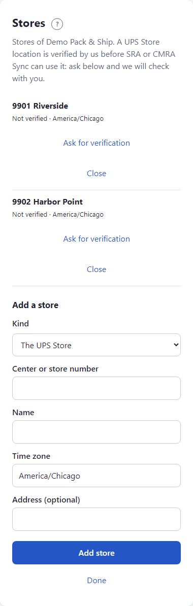 The Stores page with two stores and the Add a store form.