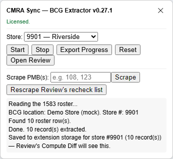 The BCG Extractor panel after a finished run, with the store picked.