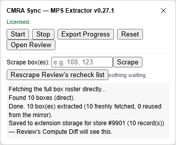 The MPS Extractor panel after a finished run.