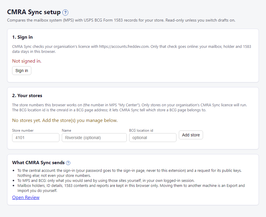 The CMRA Sync setup page the first time it opens: not signed in, no stores yet.