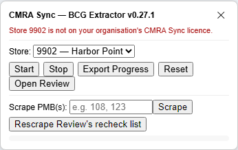 The BCG Extractor panel with a red line: the store is not on the organisation's licence.