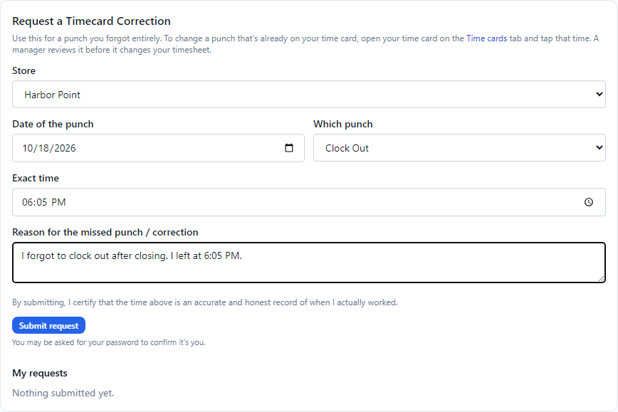 The correction form: store, date of the punch, which punch, exact time and a reason.