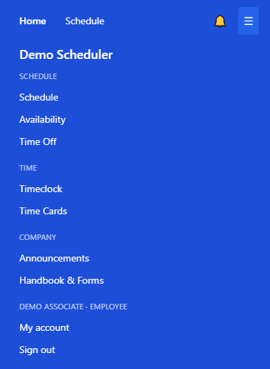 The phone menu, with Schedule, Time, Company and My account sections.