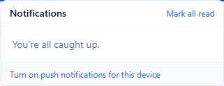 The notification list open, with Mark all read at the top and a link to turn on push notifications at the bottom.
