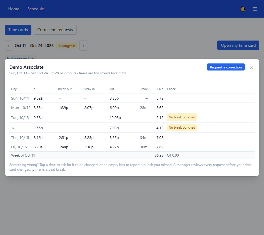 Your time card for one pay period, with a row for each day and a Request a correction button.