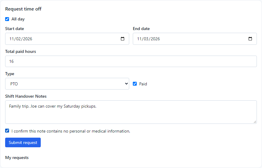 The Request time off form with two days chosen, 16 paid hours, a handover note, and the confirmation box ticked.