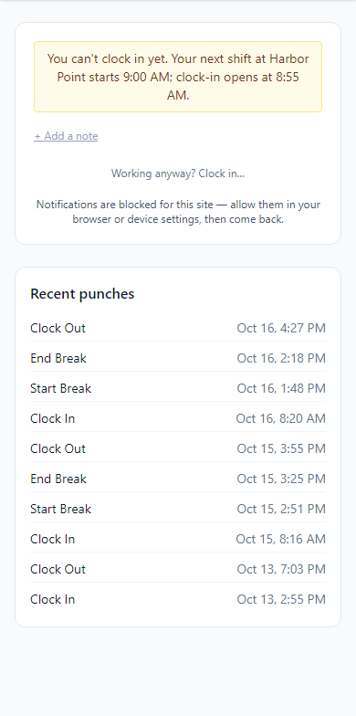 The Timeclock page before a shift: a yellow note says clock-in opens at 8:55 AM, and your last punches are listed underneath.