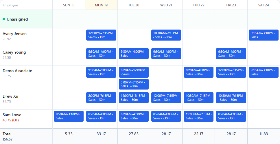 The week grid: names down the side, days across the top, and each shift as a blue box with its hours.
